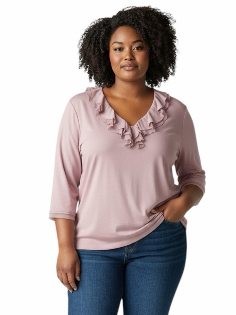 NWT🌺Chaps•Dusty Rose Ruffle V Neck 3/4 Sleeve Top